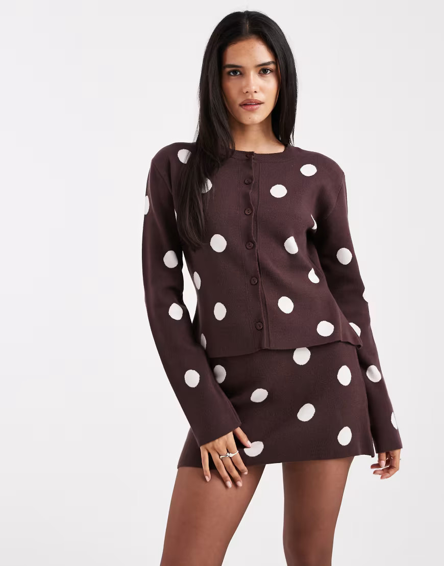ASOS DESIGN fine knit compact cardigan co-ord in brown polka dot | ASOS (Global)