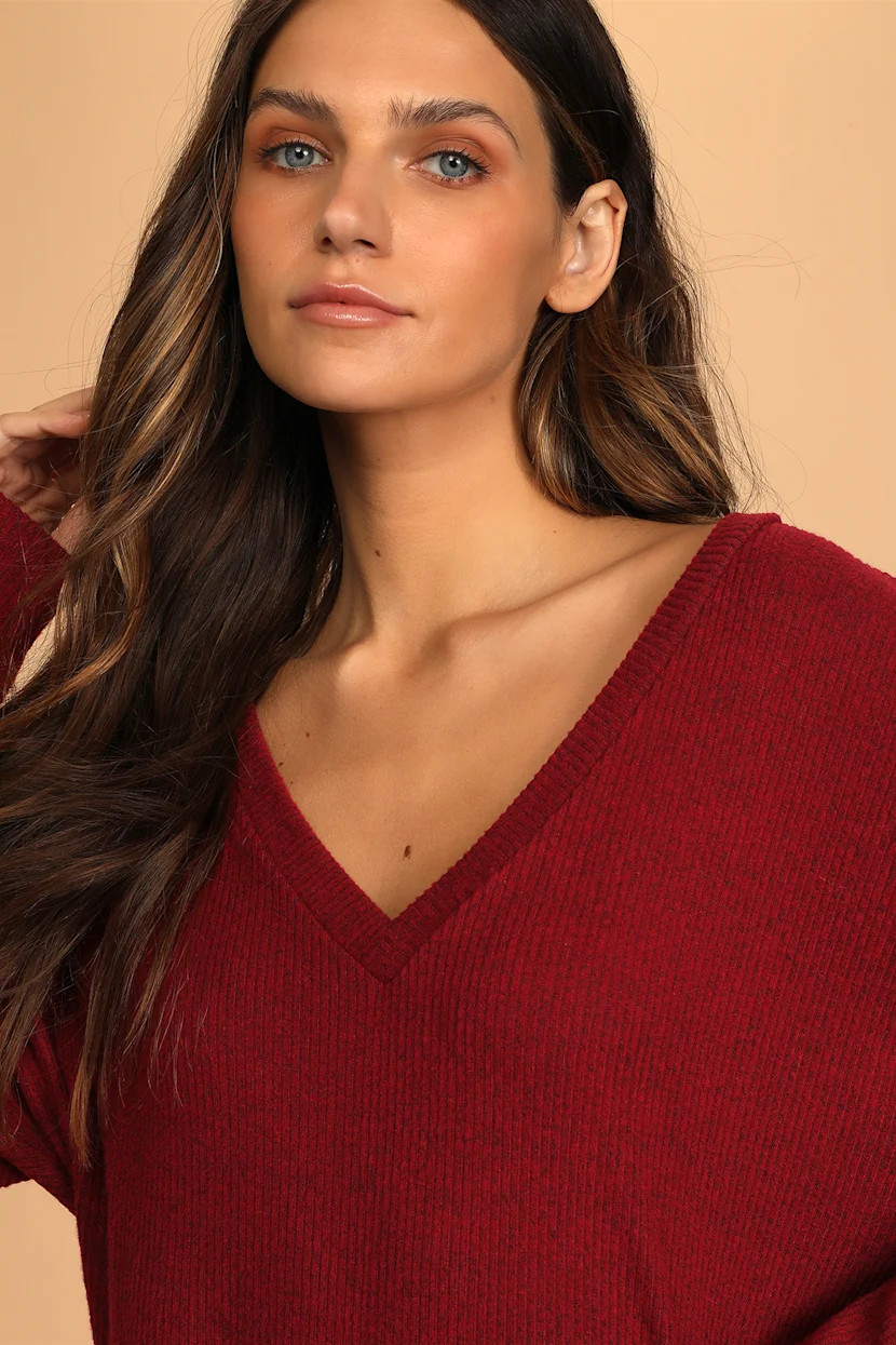 Just Vibing Wine Red Ribbed V-Neck Sweater Top | Lulus
