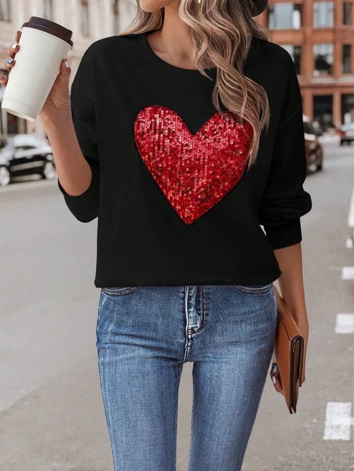 SHEIN Clasi Sequin Heart Pattern Drop Shoulder Sweatshirt | SHEIN