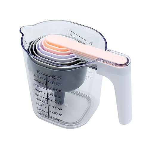 COOK WITH COLOR Measuring Cup Set - 9 PC. Nesting Stackable Liquid Measure Cup, Dry Measuring Cups and Spoons with Funnel and Scraper (Grey and Pink) | Amazon (US)