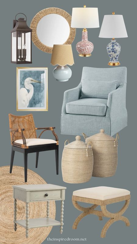 A few finds from the wayfair anniversary sale! Slipcovered chair, heron watercolor art, blue and white lamp, red lamp, scalloped lampshade lamp, lidded hamper baskets, spindle nightstand, seagrass rug, ottoman, cane chair, outdoor lantern, rope mirror 

#LTKSaleAlert #LTKSummerSales #LTKHome