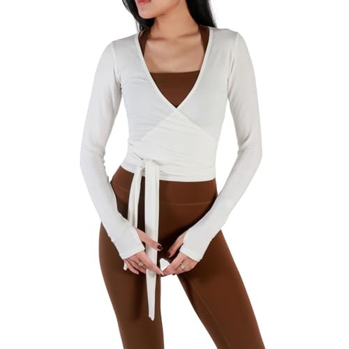 Usweetie Women's Ballet Wrap Top Long Sleeve Tie Workout Pilates Yoga Wrap Top White L | Amazon (US)