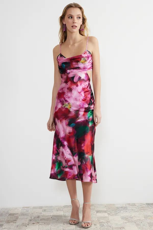 Trendyol Collection Elegantes Abendkleid aus rosa-mehrfarbigem Satin mit Blumenmuster TPRSS23EL00... | Trendyol DE