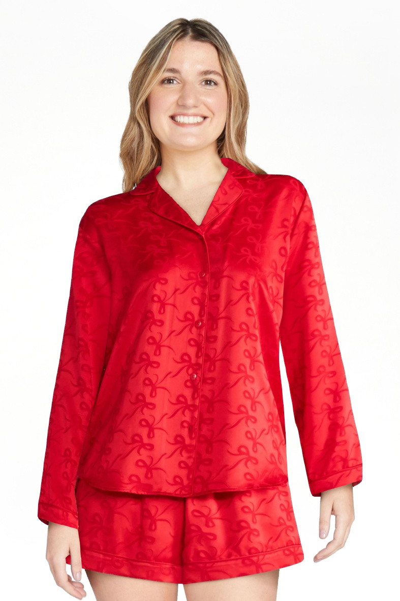 Joyspun Women’s Stretch Satin Notch Long Sleeve Top and Shorts Pajama Set, 2-Piece, Sizes XS-3X | Walmart (US)