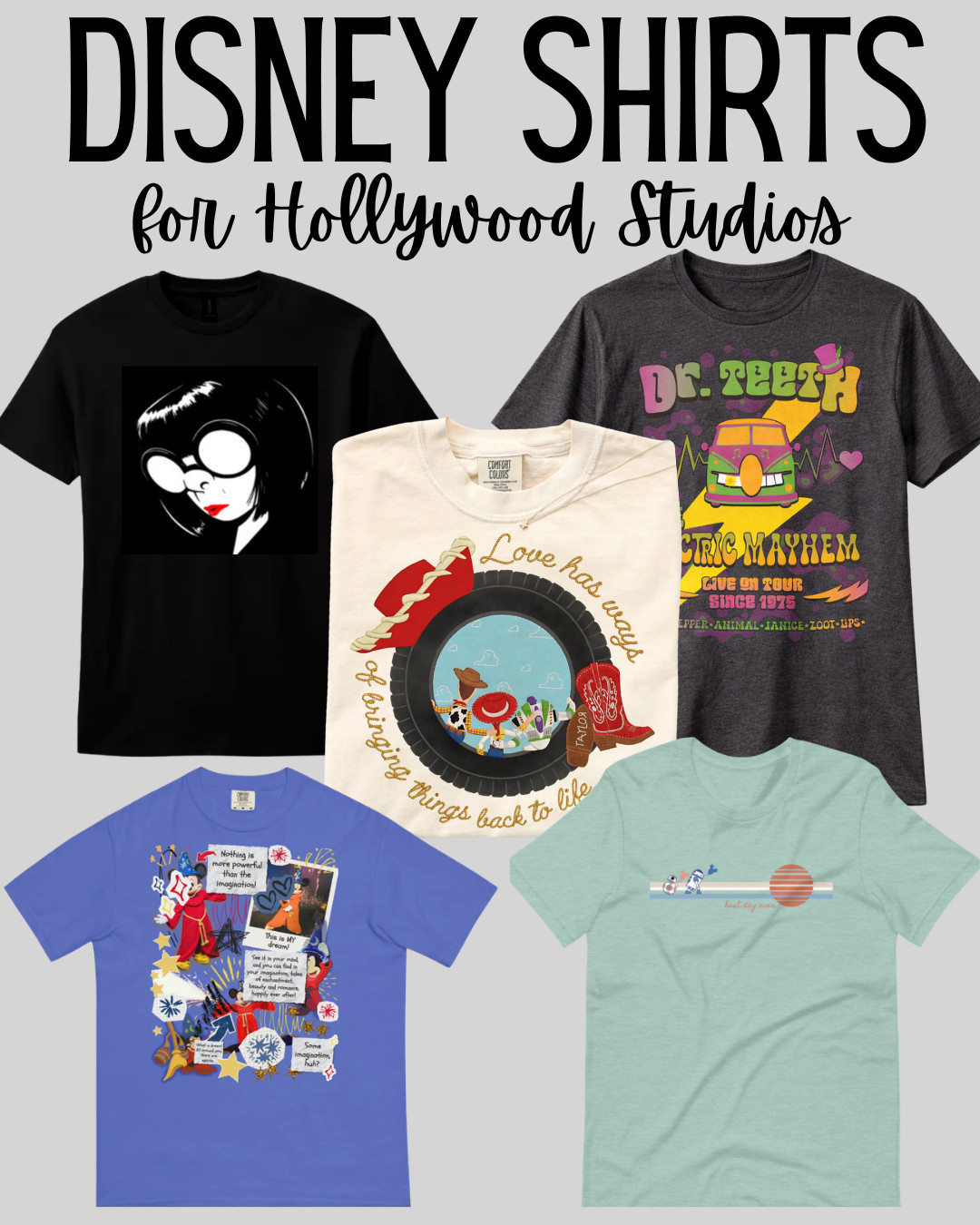 Easy Disney shirts for a Hollywood Studios day! These are fun options for building a casual Disney outfit for women around Toy Story Land, Rock ’n’ Roller Coaster, Fantasmic, Disney villains, Pixar, and classic Hollywood Studios park days. Pair with biker shorts, a skort, denim shorts, or comfy sneakers for a simple Disney park outfit that still feels themed. 

 #LTKootd #LTKmomlife #LTKTravel