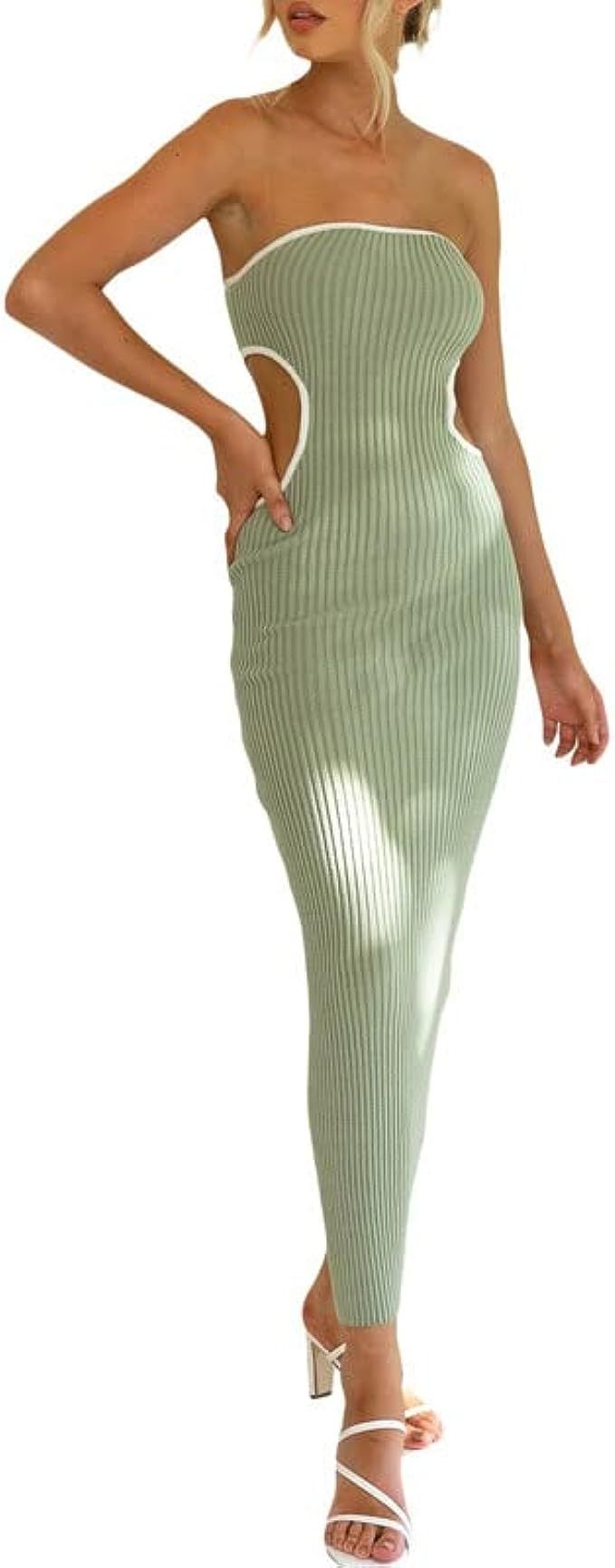 NUFIWI Print Knit Bodycon Dress for Women Y2K Hollow Out Midi Dresses Sleeveless 2022 Summer Beac... | Amazon (US)