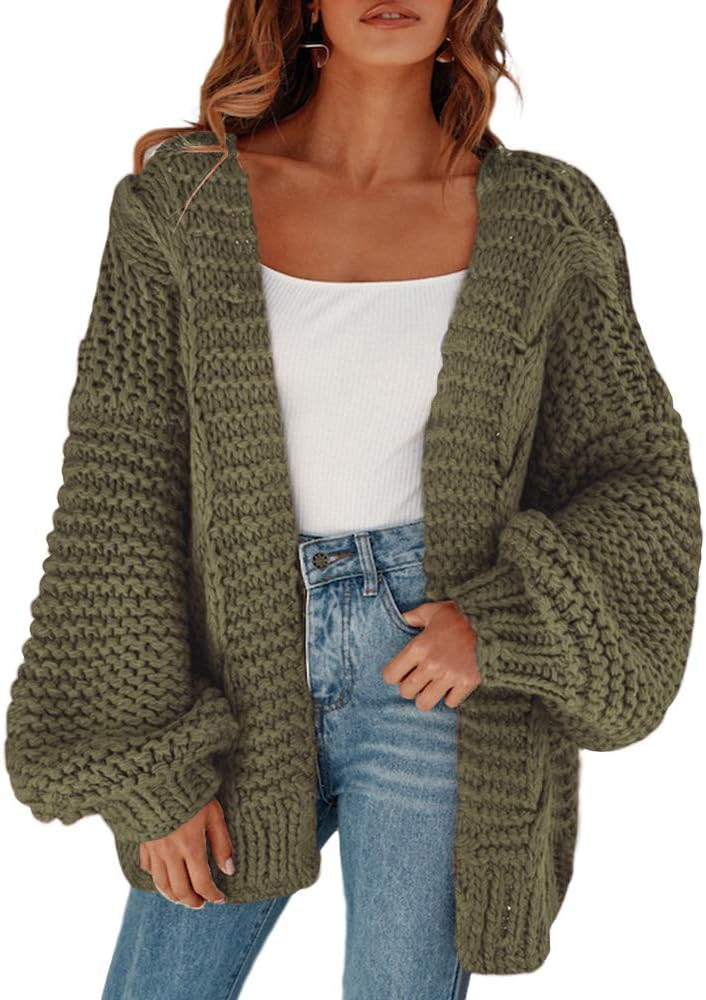 Cicy Bell Women's Open Front Chunky Knit Cardigan Loose Lantern Sleeve Oversized Sweater Coats | Amazon (US)