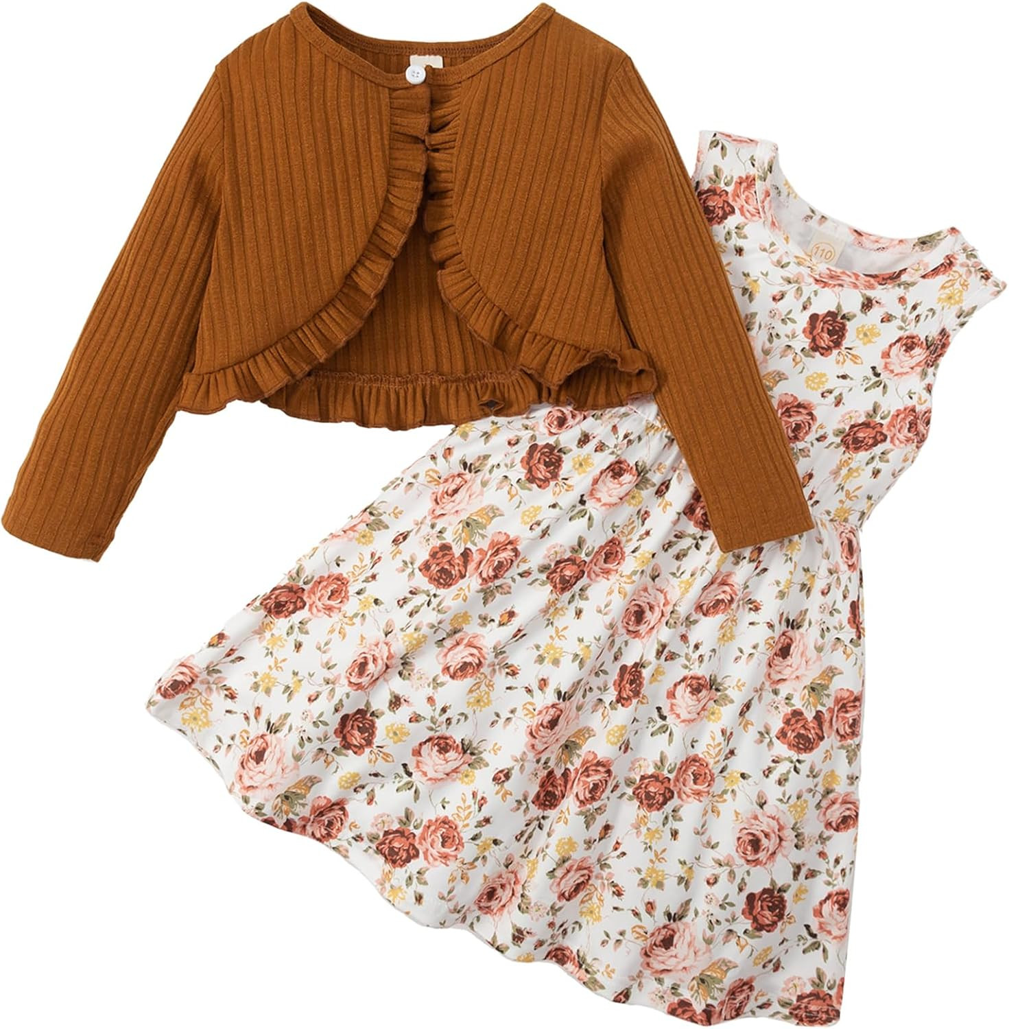 Kid Toddler Girl Fall Dress+Cardigan 2 Piece Floral/Plaid Sleeveless Dress and Cardigan Set 2-14Y | Amazon (US)