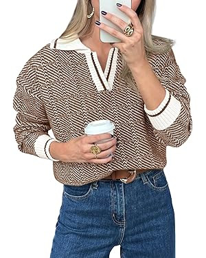 Saodimallsu Womens Fall Sweaters Tops Lapel V Neck Knit Sweater Color Block Long Sleeve Casual So... | Amazon (US)