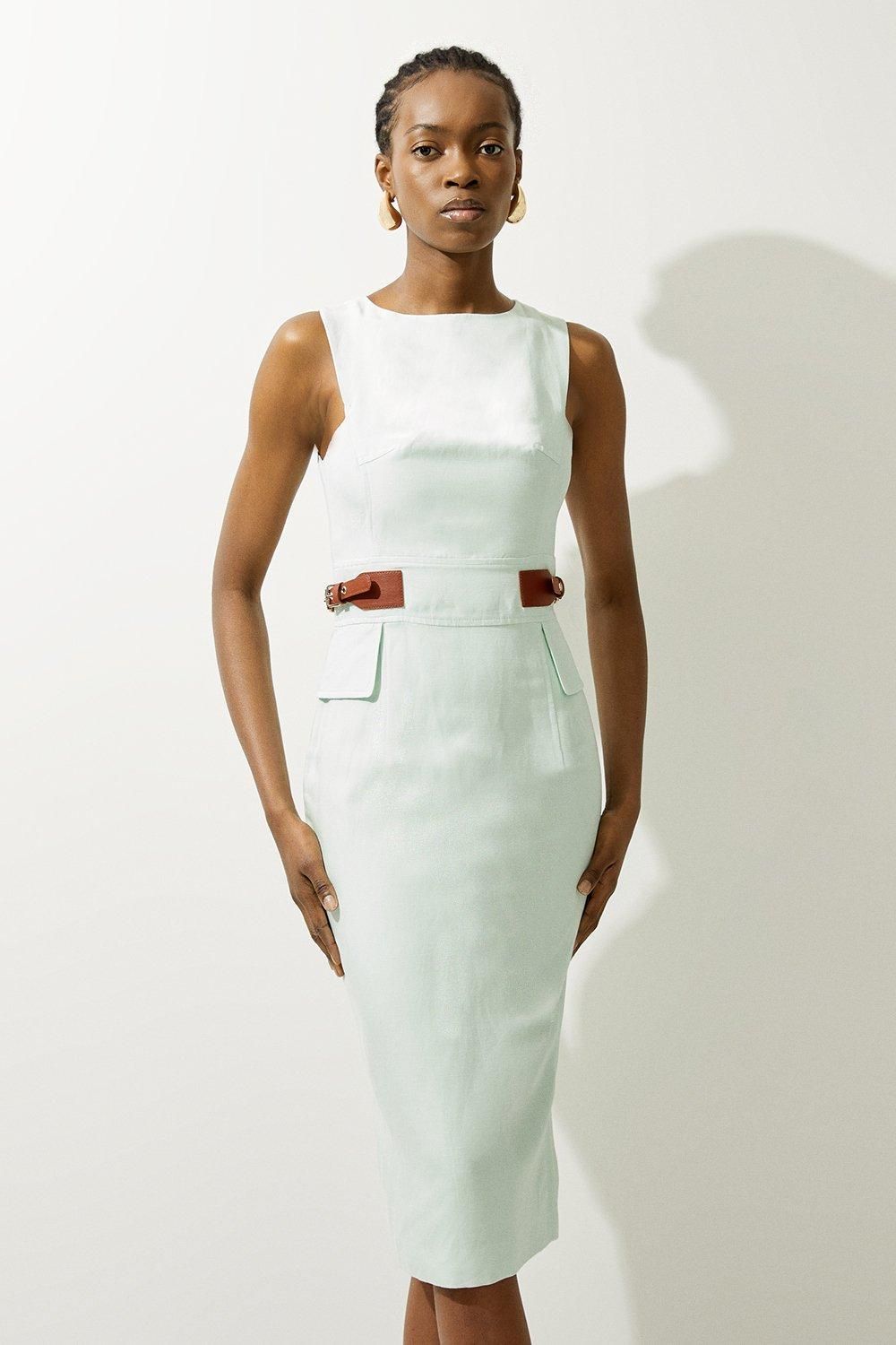 Premium Tailored Linen Tab Waist Pencil Midi Dress | Karen Millen US