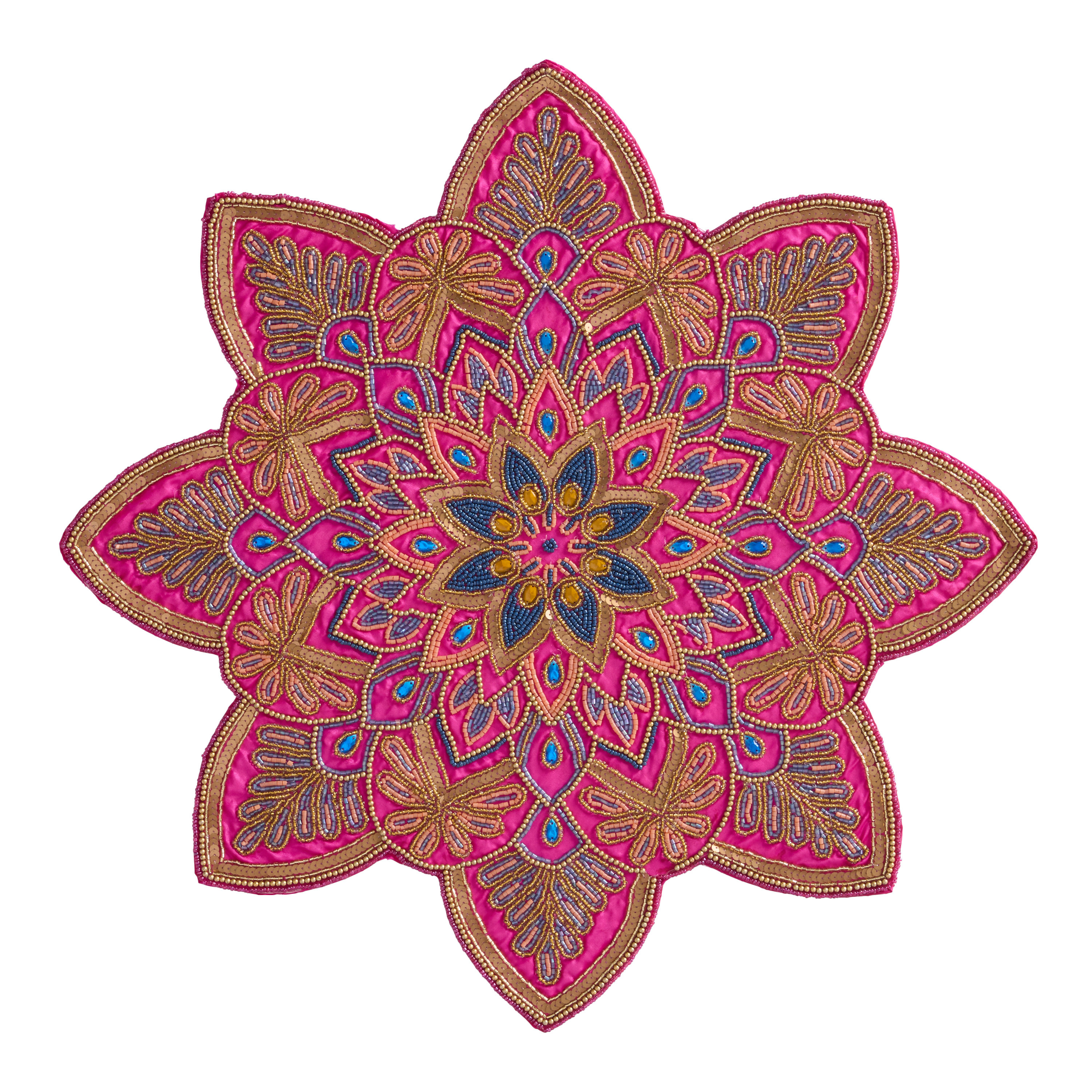 Oversized Pink and Blue Rangoli Floral Beaded Placemat | World Market