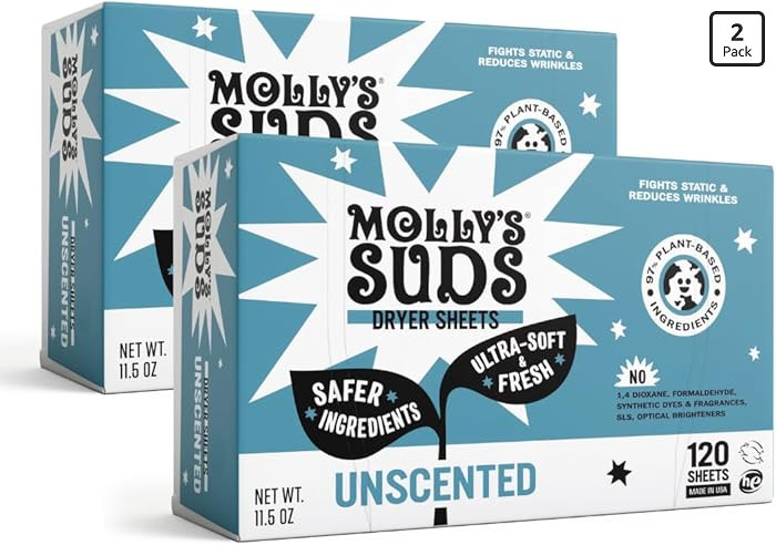 Molly's Suds Fabric Softener Dryer Sheets for Sensitive Skin | Plant-Based Static Reducer, Plasti... | Amazon (US)