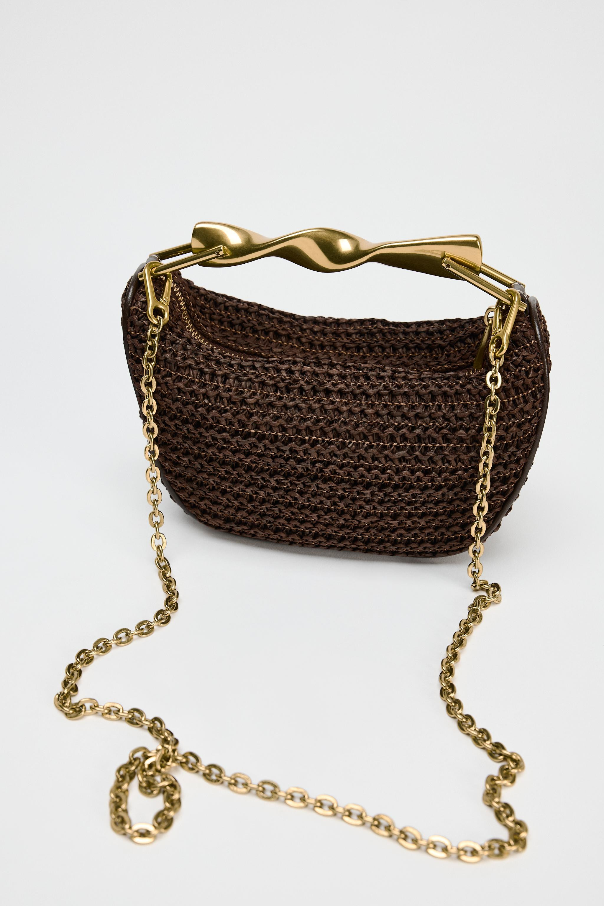Mini braided bag with a braided body. Metallic gold top handle and a double adjustable and remova... | Zara US