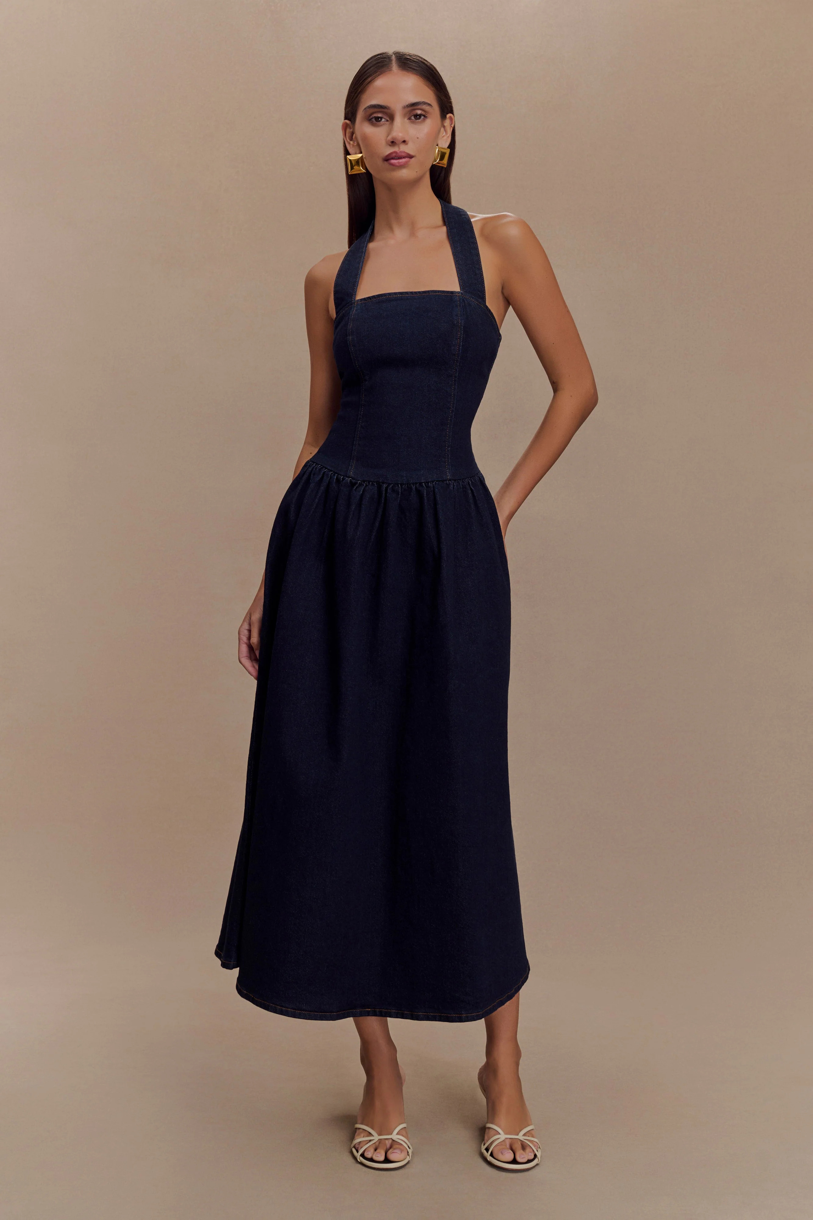 Caroline Denim Halter Midi Dress - Indigo Blue | MESHKI US
