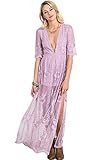 Eleter Women's Deep V-Neck Lace Romper Short Sleeve Long Dress (Large, Purple) | Amazon (US)