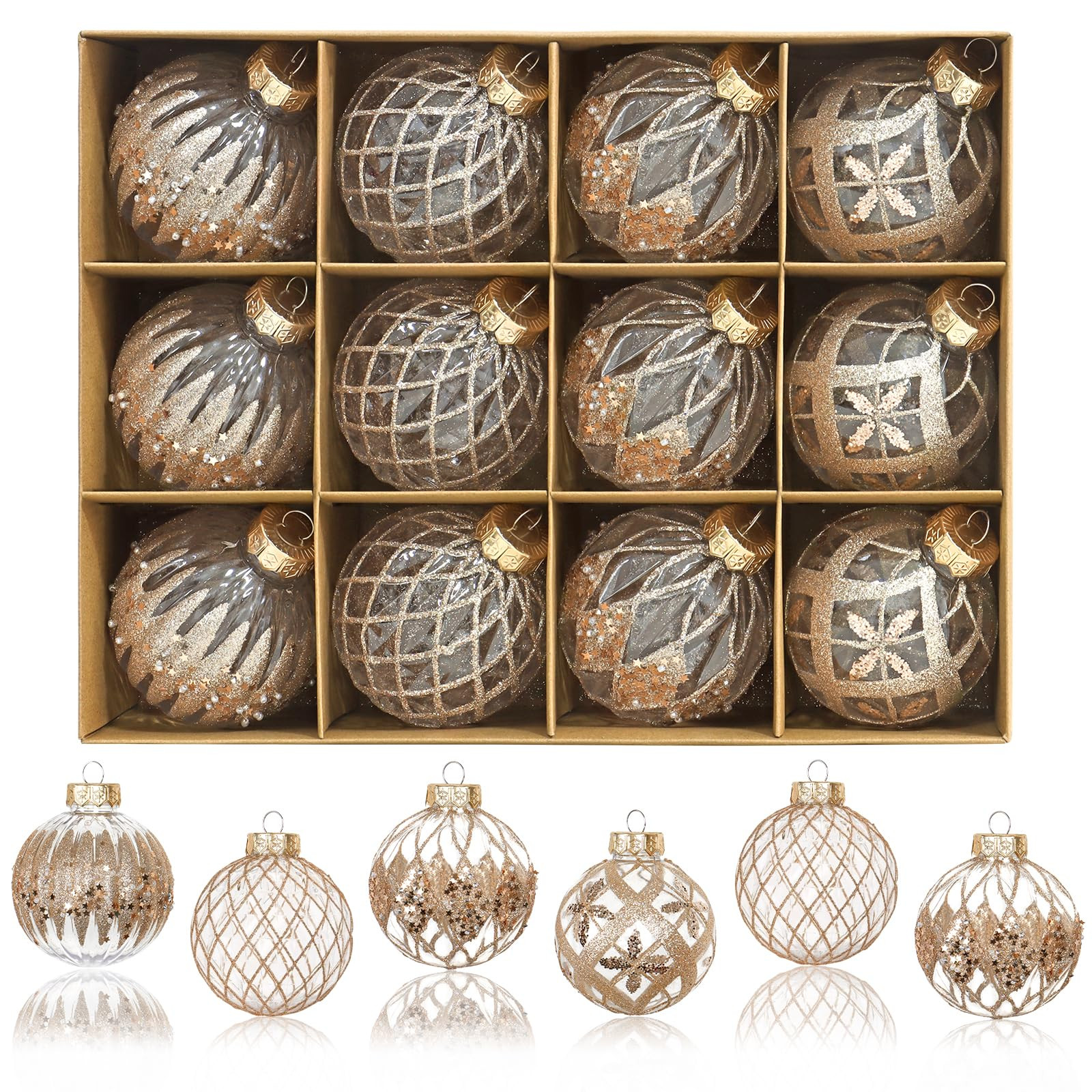 Dremisland 12PCS Christmas Baubles Champagne Christmas Tree Decorations Set 80mm Large Glitter Xm... | Amazon (UK)
