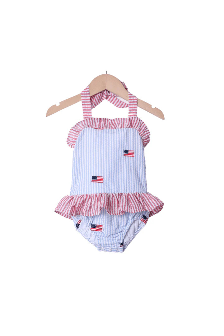 Embroidered Flag Seersucker Ruffle Swimsuit | The Smocked Flamingo