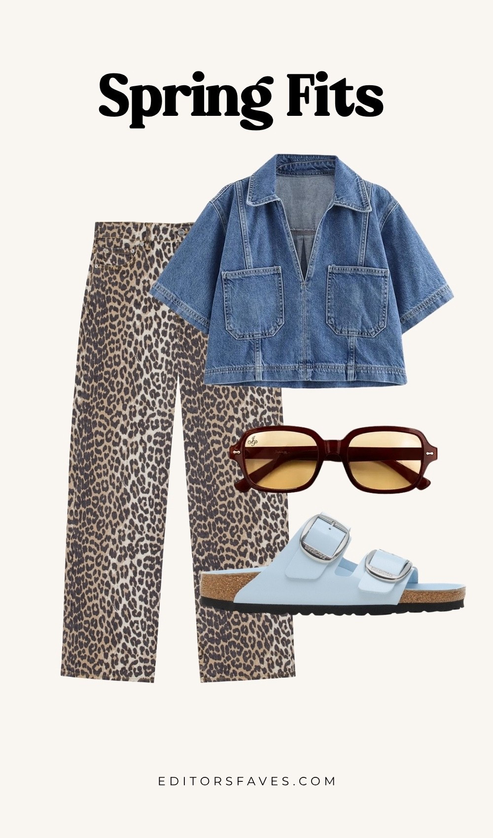 Casual spring outfit, leopard pants, denim top, baby blue Birkenstocks, retro sunglasses, relaxed style spring outfits outfit of the day.

#LTKMidsize #LTKPetite #LTKootd