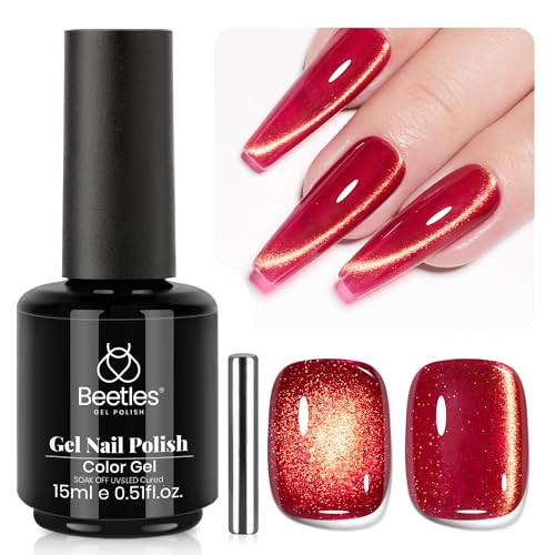 Beetles Red Cat Eye Gel Nail Polish - 15ML Cherry Red Glass Magnetic Cat Eye Glitter Gel Polish with Gold Powder Soak Off UV Twilight Toast Collection Nail Art Design Manicure Gifts for Women | Amazon (US)