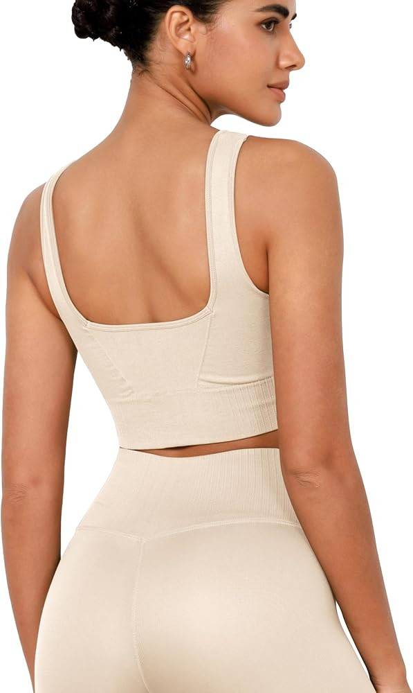 ODODOS Seamless Square Neck Sports Bra for Women Ribbed Crop Tank Casual Low Back Cropped Tops | Amazon (US)