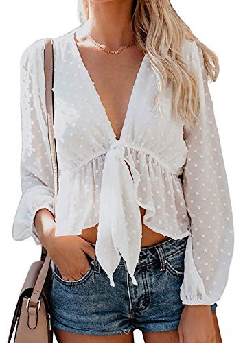 Women's Solid Open Front Tie Knot Crop Top Long Sleeve Deep V Neck Ruffle Chiffon Short Blouse Shirt | Amazon (US)