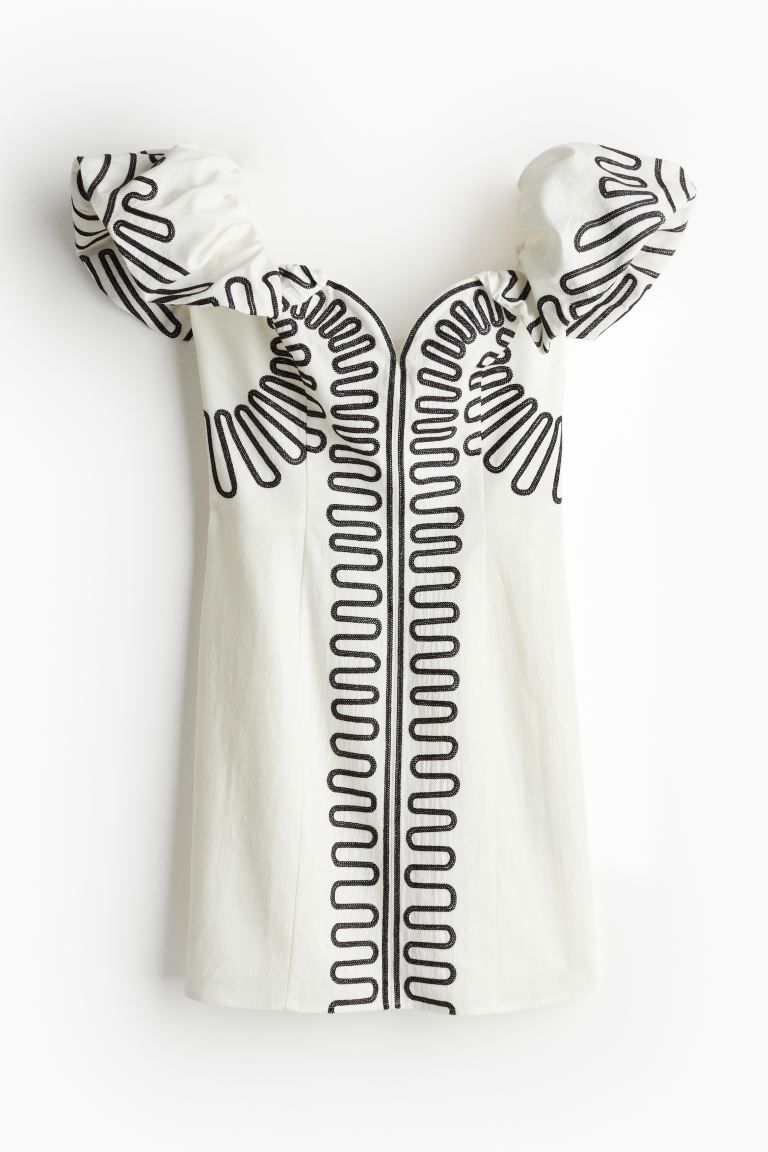 Linen-blend Off-the-shoulder Dress - Sweetheart Neckline - Short sleeve - White - Ladies | H&M US | H&M (US + CA)