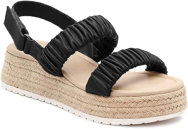 Womens Platform Wedge Sandals Espadrille Open Toe Ankle Strap Ruched Flatform Sandal | Amazon (US)