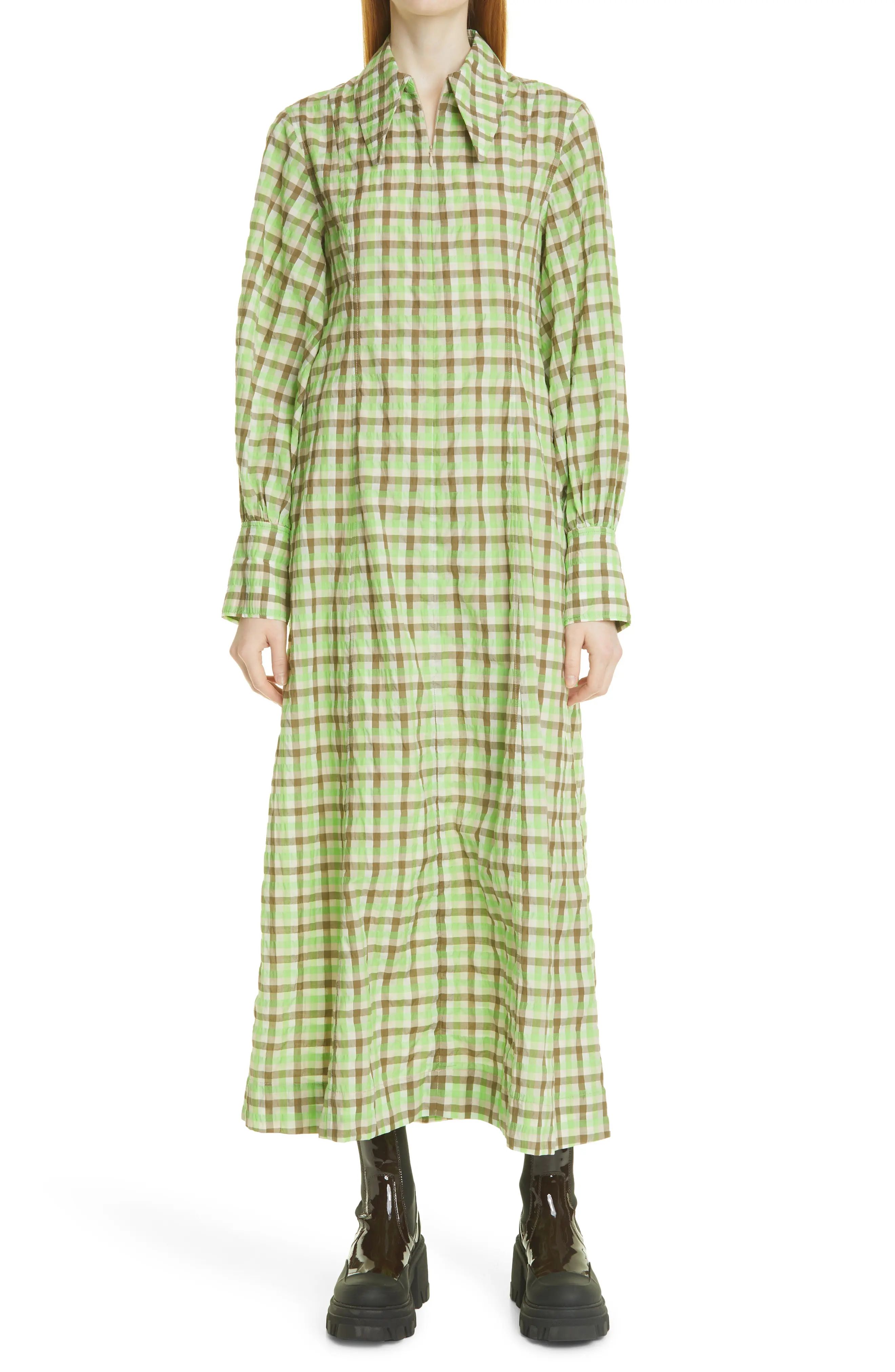 Ganni Plaid Long Sleeve Organic Cotton Blend Dress, Size 8 Us in Oyster Gray at Nordstrom | Nordstrom