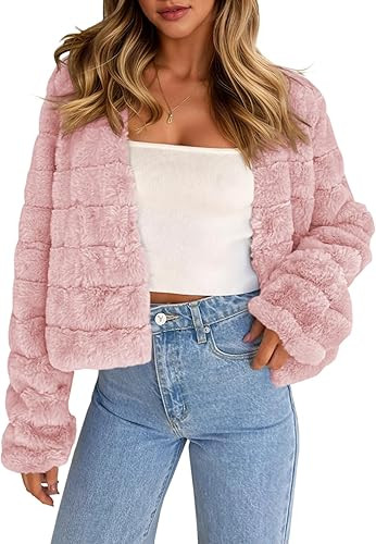 Fisoew Womens Cropped Faux Fur Jackets Long Sleeve Open Front Fluffy Short Coats | Amazon (US)
