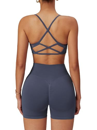ABOCIW Workout Sets for Women Seamless High Waist Scrunch Butt Lifting Gym Impact Shorts Scoop Neck Strappy Sports Bra 2 Piece Yoga Outfits Gray Large | Amazon (US)