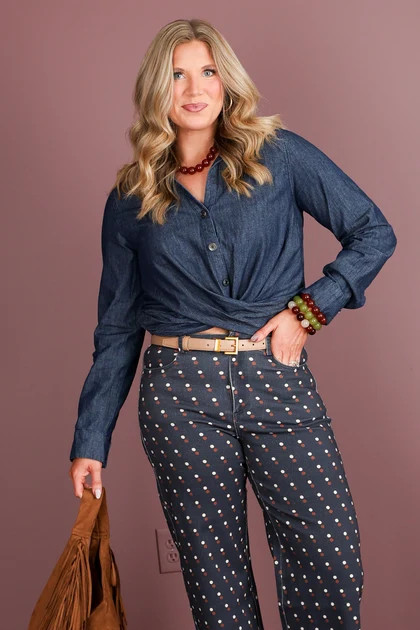Cortney Twisted Waist Denim Blue Long Sleeve Top | The Willow Tree