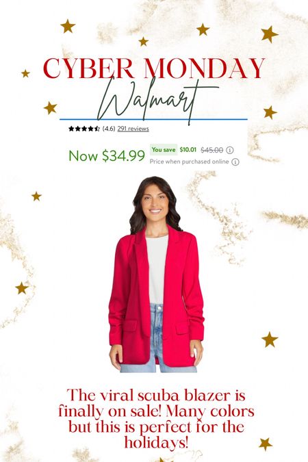 Viral scuba blazer is on sale and lots of colors! Great gift idea and I love the pop of red over a Christmas graphic tee! Cyber Monday deal at Walmart. 

#LTKmidsize #LTKGiftGuide #LTKCyberWeek
