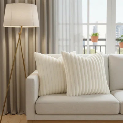 2-Piece Faux Fur Plush Throw Pillow Covers, 18X18 Inches Soft Fluffy Striped Decorative Sofa Pillow Sets For Living Room Christmas Decor - Cream White | Wayfair North America