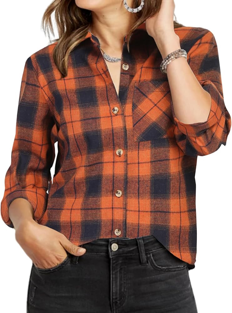 Zeagoo Womens Plaid Shirts Cotton Classic Long Sleeve Button Down Collared Casual Tops Lightweigh... | Amazon (US)