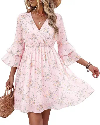 Bebonnie Womens 3/4 Ruffle Sleeve Spring Summer Casual V Neck Flowy Chiffon Layers Dresses | Amazon (US)