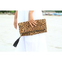 Cheetah Camel, Leopard Fold Over Clutch, Leopard Print Leather Calf Hair Zipper Cow Hide Clutch | Etsy (US)