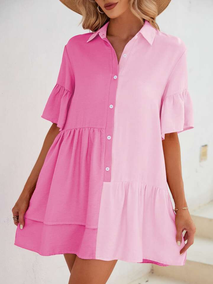 SHEIN Privé Two Tone Flounce Sleeve Ruffle Hem Smock Dress | SHEIN USA | SHEIN