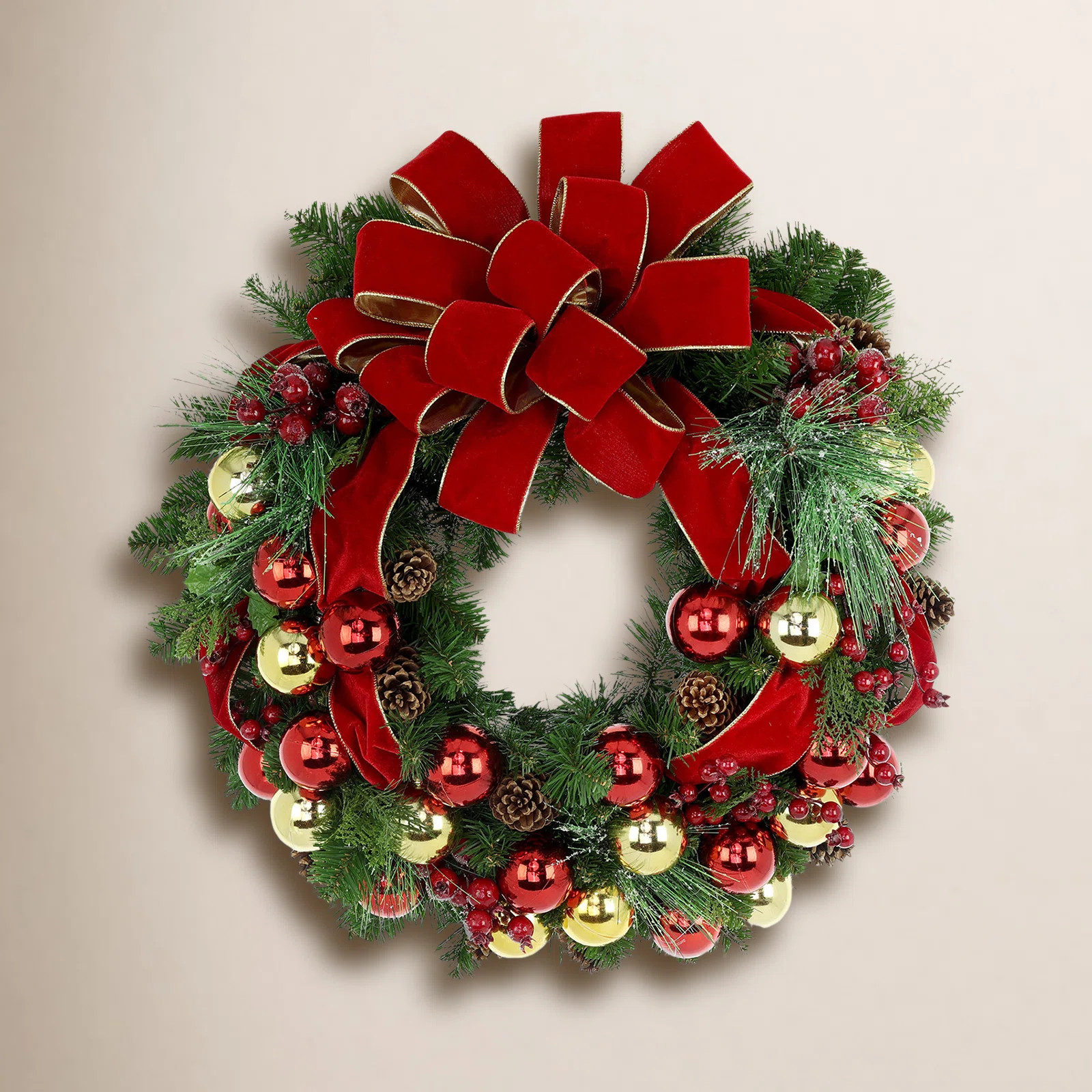 Red and Gold Holiday Wreath with Ornaments and Pine Cones | Joss & Main