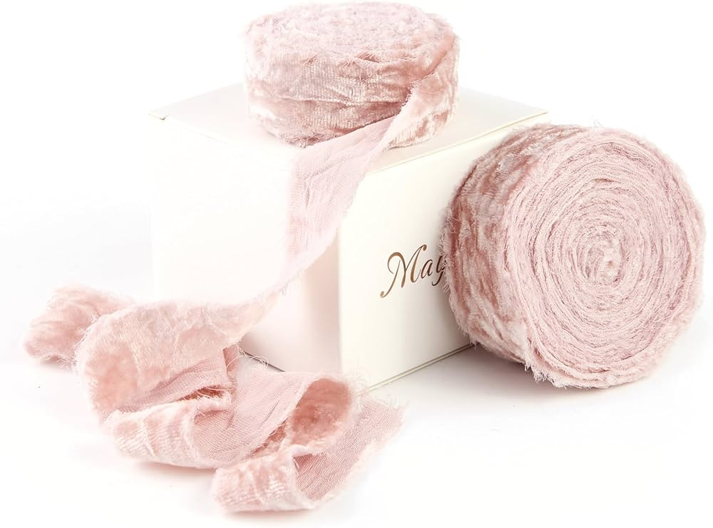 MAYREEL 1 Inch Dusty Rose Crushed Velvet Ribbon Pink Frayed Edge Hand Torn Fringe Ribbon for Vale... | Amazon (US)