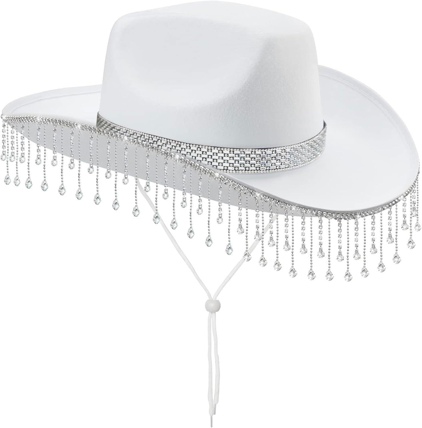 White Cowboy Hat for Women, with Shiny Rhinestone Fringe Cowboy Hat, Cowgirl Hat for Bachelorette... | Amazon (US)