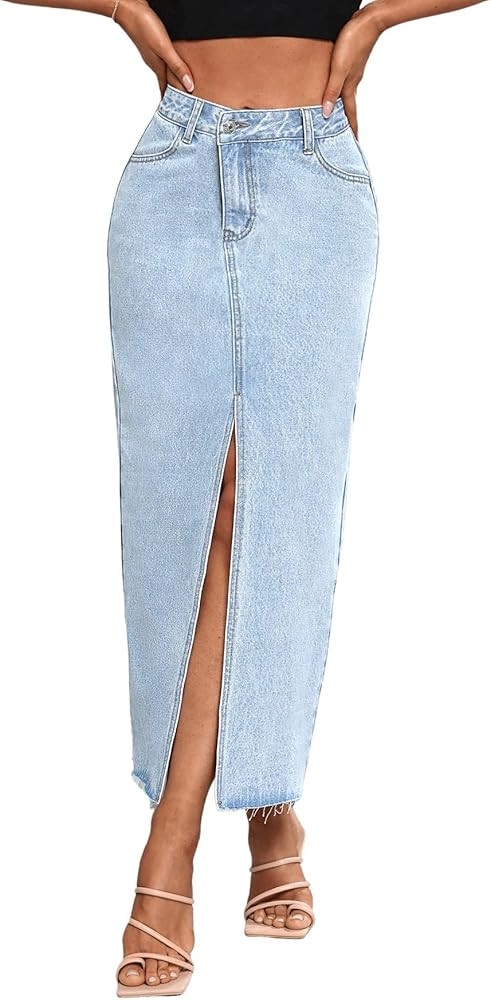 Women's High Waist Stretch Maxi Denim Skirt Front Split Frayed Raw Hem A line Casual Long Jean Sk... | Amazon (US)