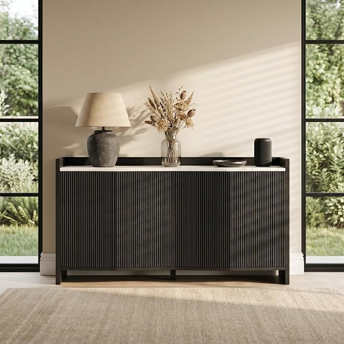 70 Inch Black Sideboard Buffet Cabinet With Storage, Modern Credenza Console Table With Fluted Do... | Amazon (US)