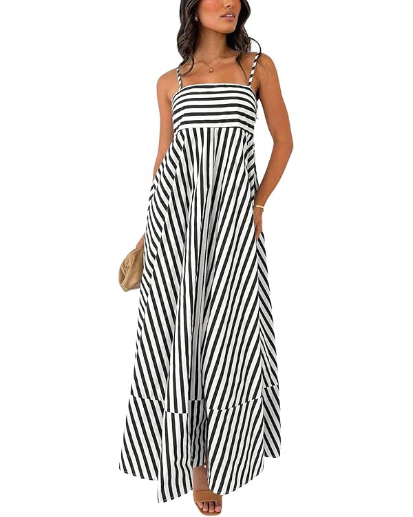 chouyatou Women's Striped Back Smocked Maxi Dress Sexy Spaghetti Strap Ruffle Hem Bohemian Flowy ... | Amazon (US)