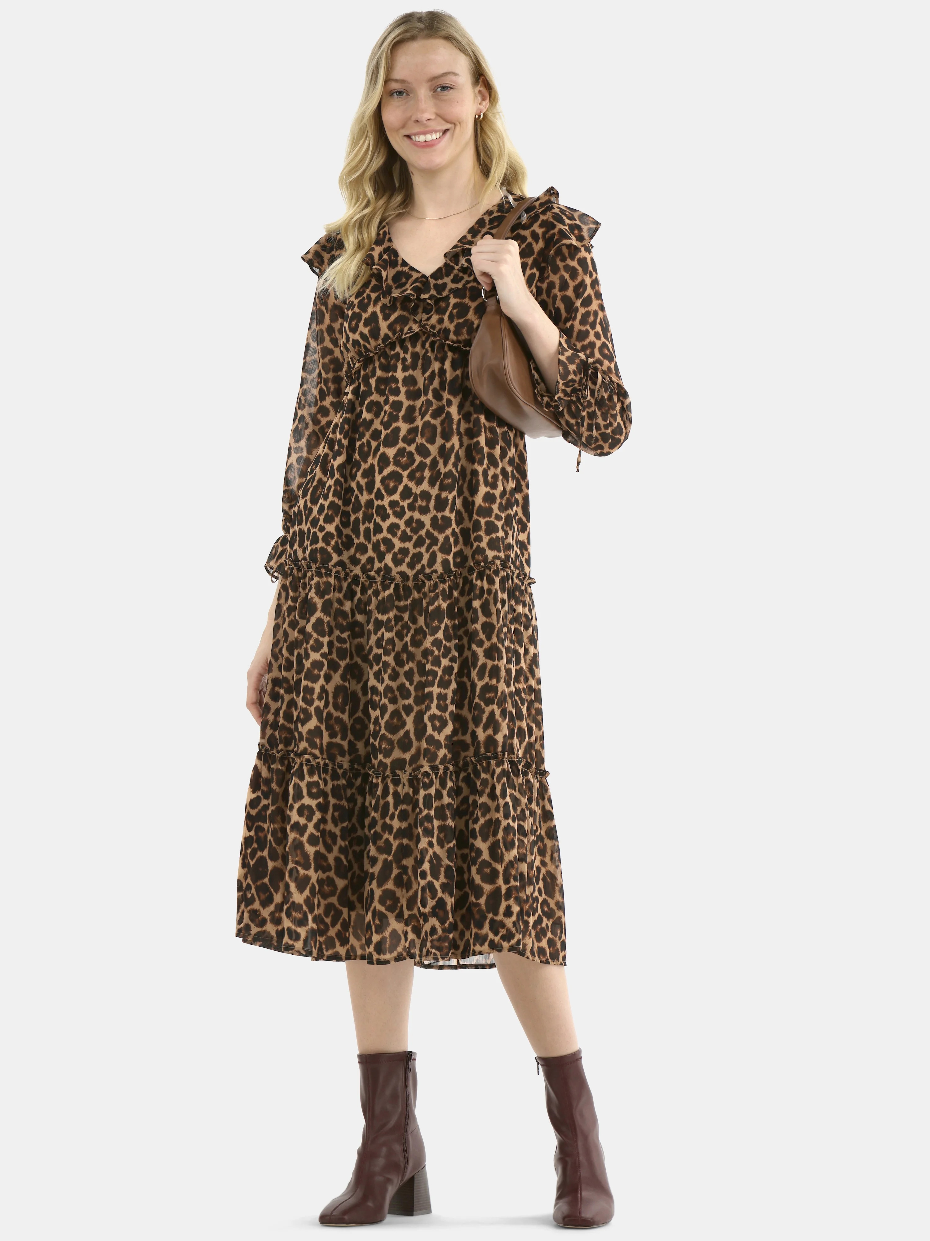 Time and Tru Women's and Women's Plus Ruffle Tiered Midi Dress with Long Sleeves, Sizes XS-4X | Walmart (US)