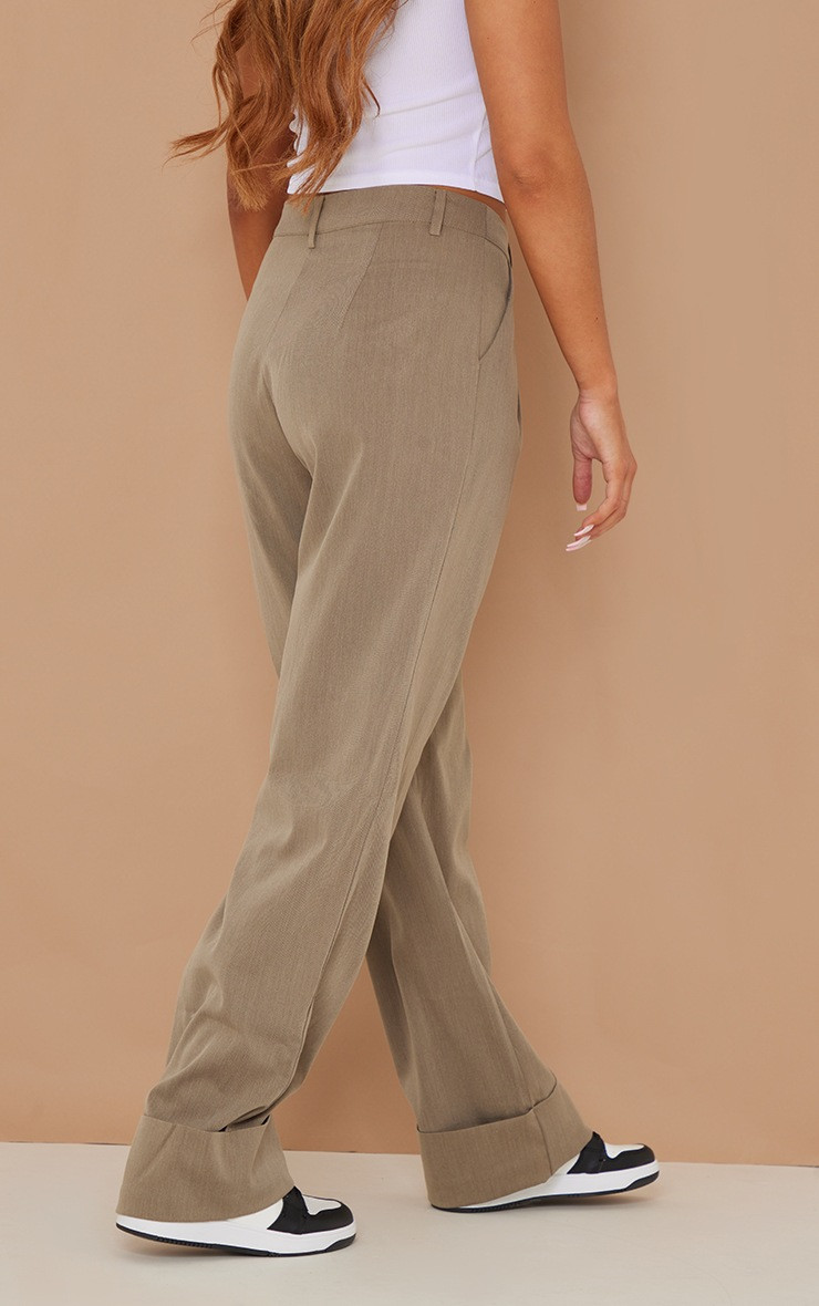 Dark Khaki Woven Oversized Turn Up Hem Straight Leg Trousers | PrettyLittleThing UK