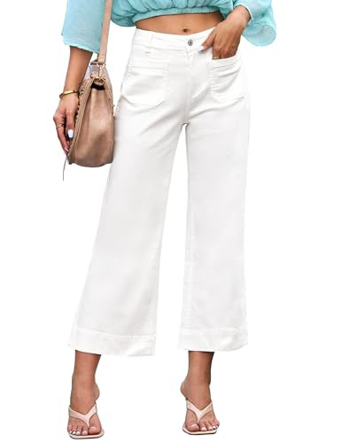 luvamia Wide Leg Jeans for Women Trendy High Waisted Flare Jeans Cropped Denim Pants Stretchy Baggy with Patch Pockets Women's Pants for Women Trendy Clothes for Women Off White Size 16 Size 18 | Amazon (US)