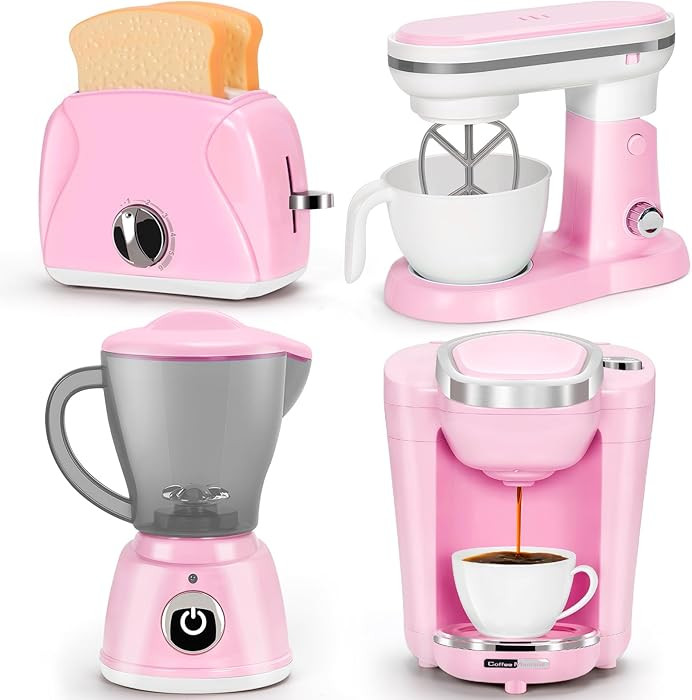 Pink Play Kitchen Appliances Toy Set with Coffee Maker Machine, Mixer, Toaster, Blender, Kids Kit... | Amazon (US)
