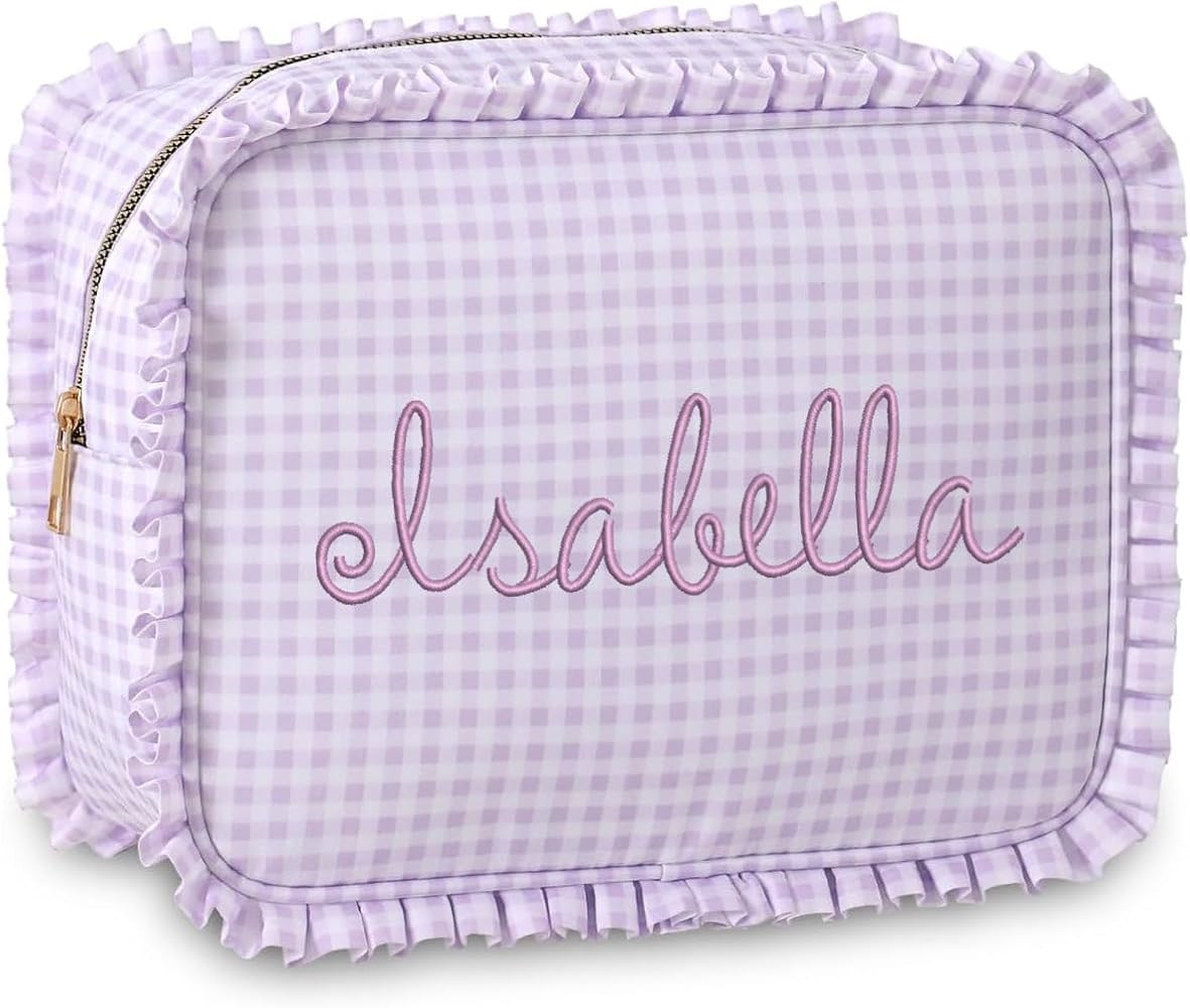 Threadart Personalized Ruffle Gingham Cosmetic Bag with Embroidery \u2013 Lavender \u2013 Custom ... | Amazon (US)
