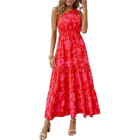 PRETTYGARDEN Women s Summer Floral Maxi Dress Knot One Shoulder Sleeveless Ruffle Flowy Boho Beach Wedding Guest Dresses | Walmart (US)