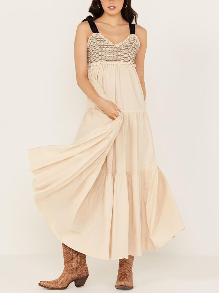 KMBANGI Women Boho Smocked Maxi Dress Tie Shoulder Y2k Floral Flowy Long Dress Swing Sleeveless S... | Amazon (US)